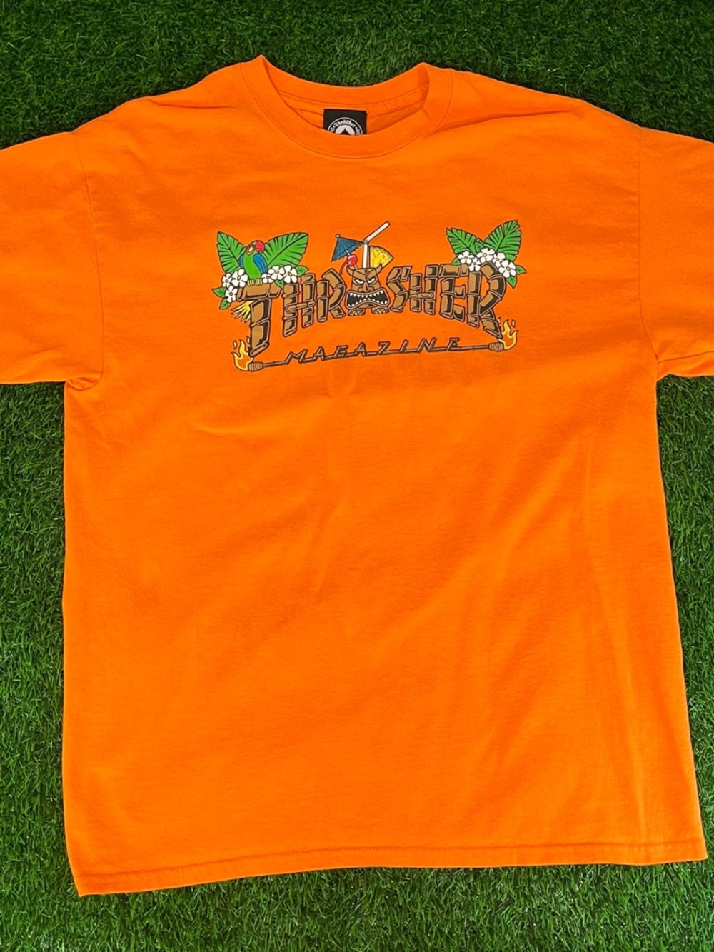 Thrasher Orange Tropical Tiki Logo T-Shirt Mens Large Skateboard Magazine Skater